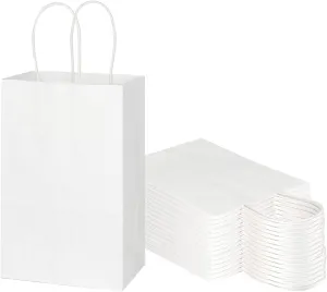 Toovip 50 Pack 5.25x3.25x8.25 Inch Small White Kraft Paper Bags with Handles Bulk, Gift Wrap Bags for Favor Grocery Retail Party Birthday Shopping Business Goody Craft Merchandise Take Out Cub Sacks