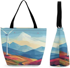Tote Bag for Women Shoulder Tote Purse Reusable Grocery Bag Windmill Flat Illustration Aesthetic Shopping Bags