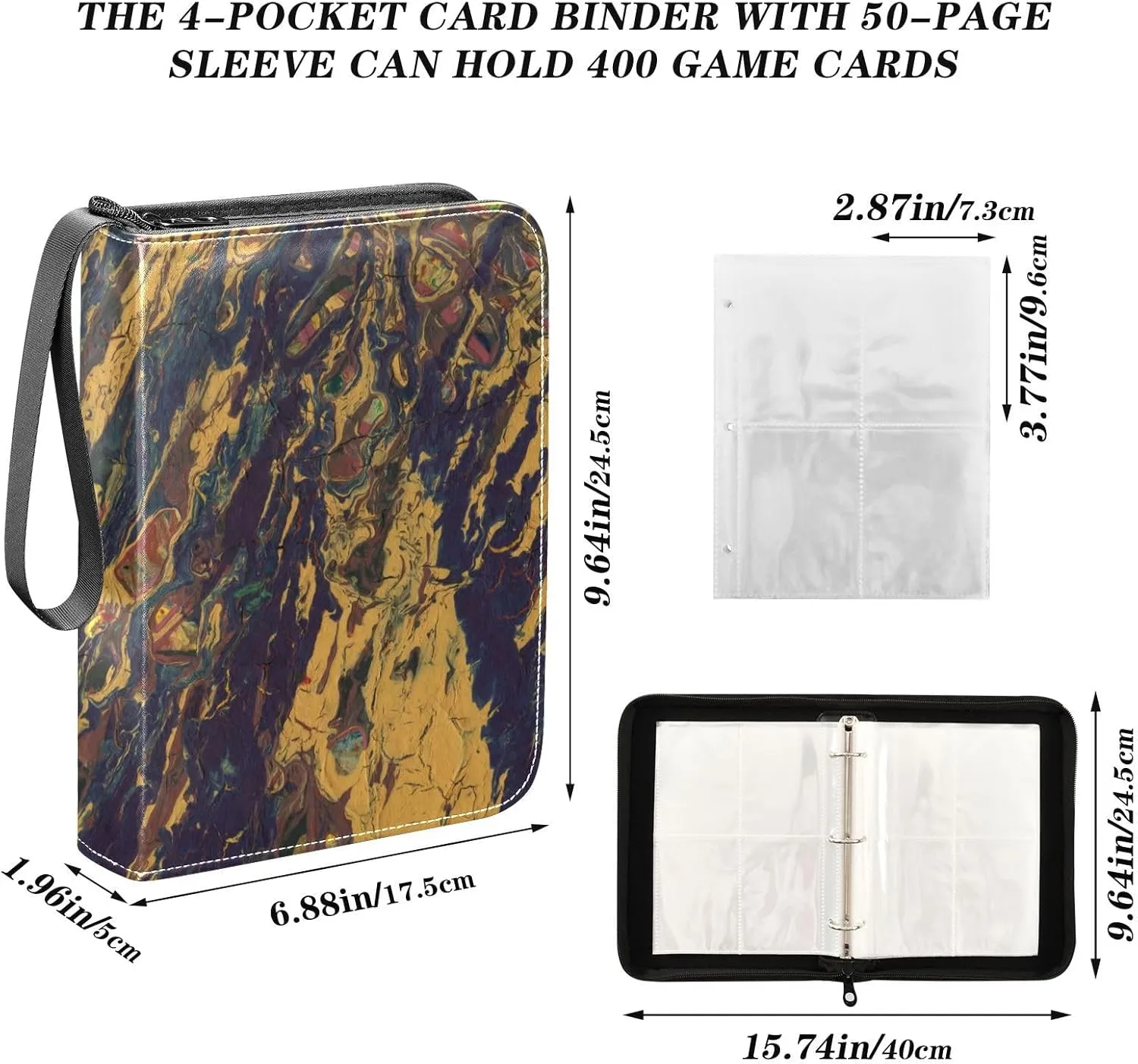 Trading Card Binder with 4-Pocket Sleeves PU Big Capacity for 400 Cards Painting High Transparency Game Card,Multi6