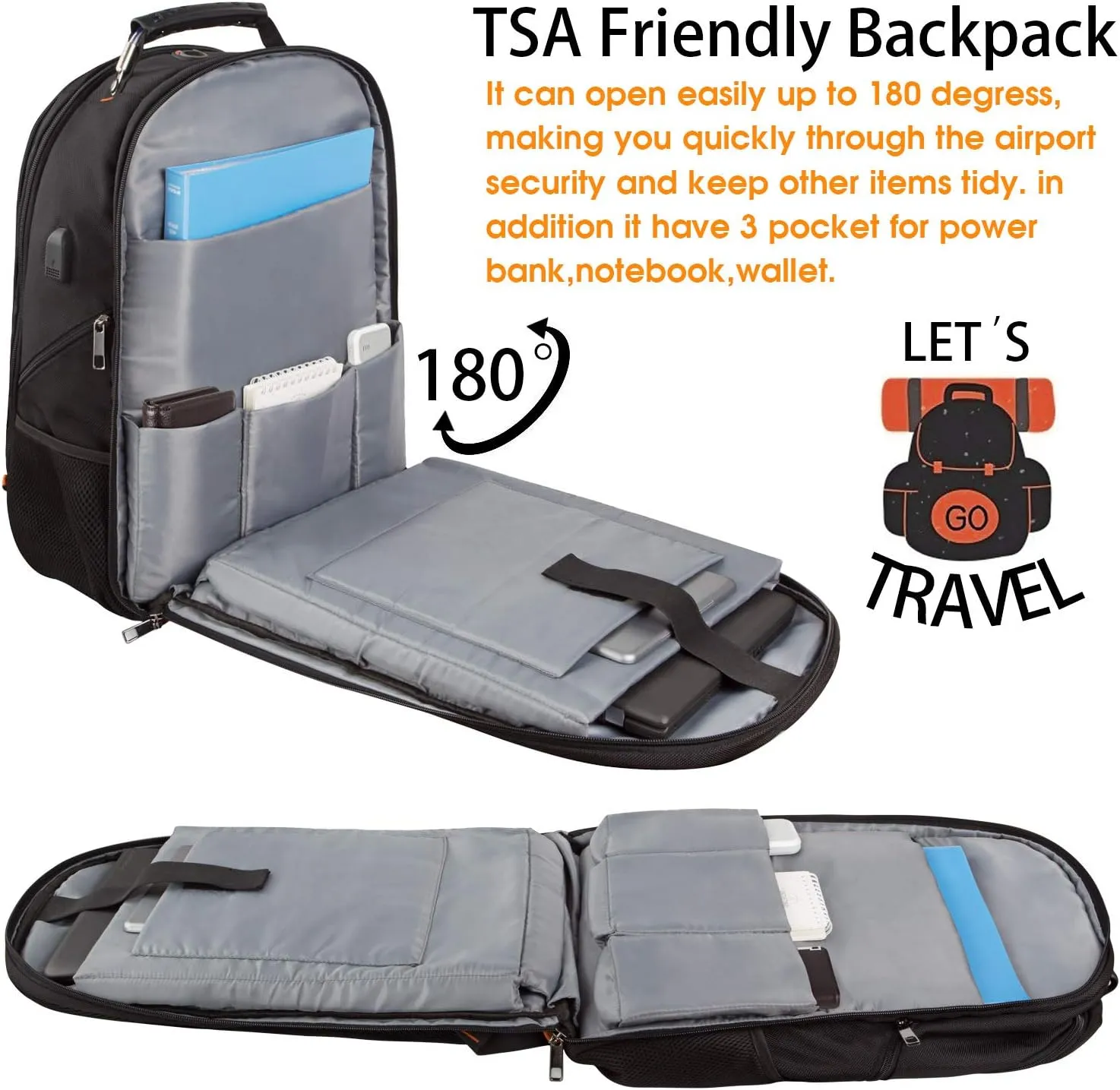 Travel Backpacks for Men Women,Extra Large College School Laptop Bookbags with USB Charging Port,RFID TSA Friendly Water Resistant Business Computer Bag with Luggage Sleeve Fit 17.3''Laptop 45L,Orange