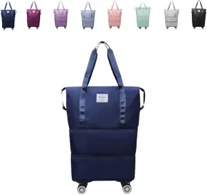 Travel Bag with Wheels – 2025 Expandable Foldable Duffle Bag, Large Capacity Suitcase for Travel & Business, Large Capacity Wide-Open Travel Cosmetic Bag, Removable Universal Wheels (Dark blue)