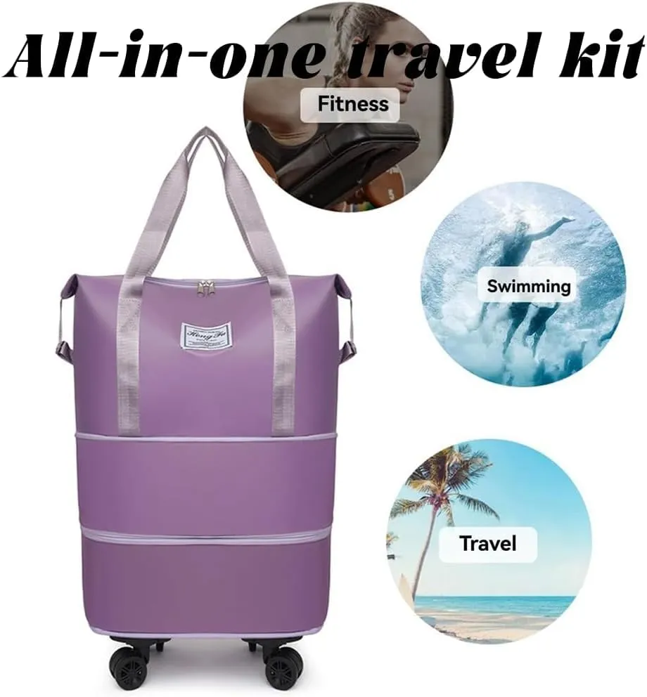 Travel Bag with Wheels – 2025 Expandable Foldable Duffle Bag, Large Capacity Suitcase for Travel & Business, Large Capacity Wide-Open Travel Cosmetic Bag, Removable Universal Wheels (Light pink)