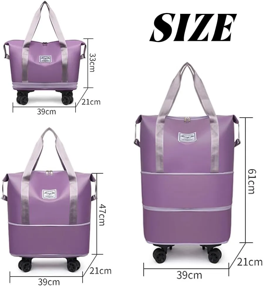 Travel Bag with Wheels – 2025 Expandable Foldable Duffle Bag, Large Capacity Suitcase for Travel & Business, Large Capacity Wide-Open Travel Cosmetic Bag, Removable Universal Wheels (Light pink)