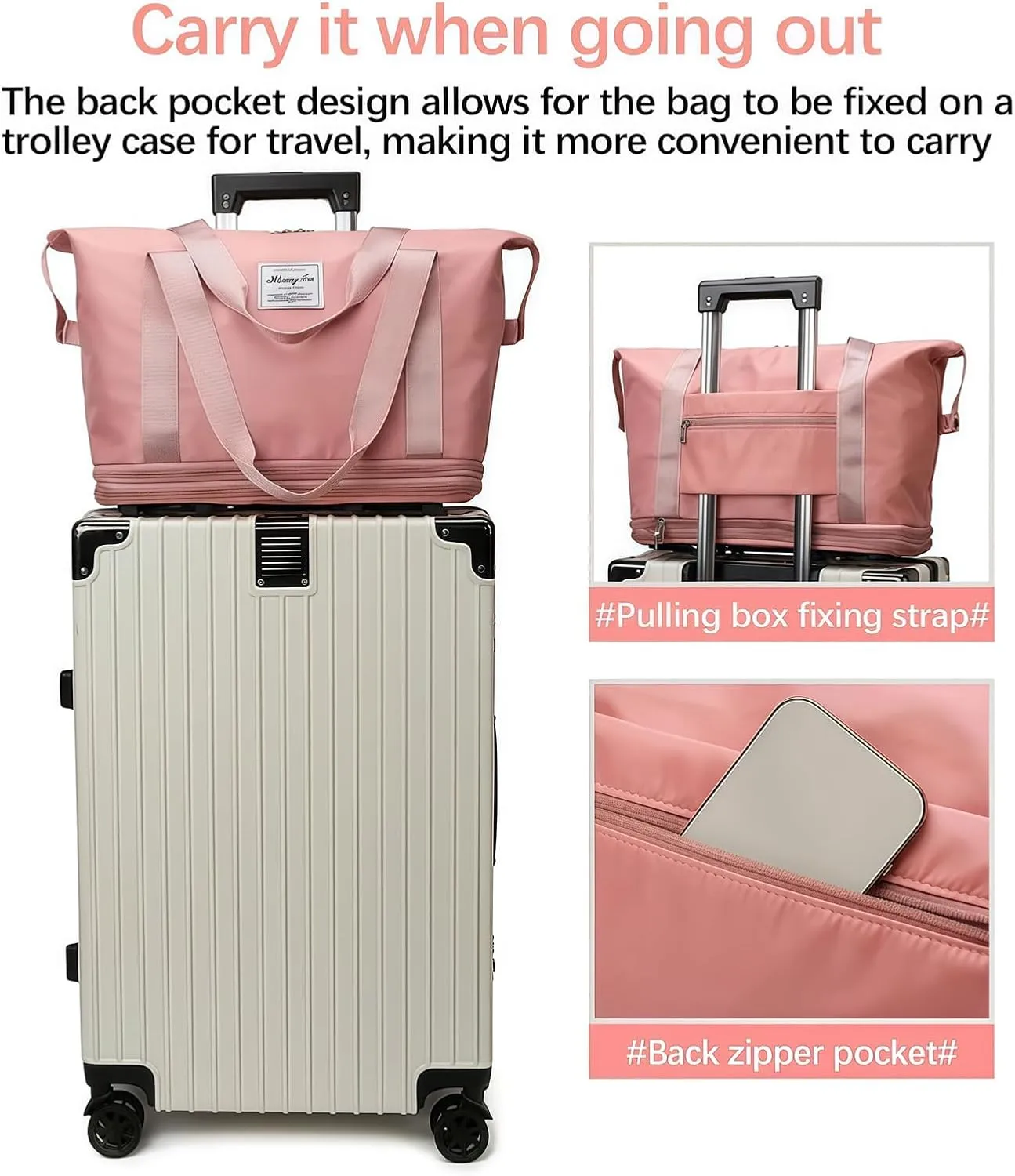 Travel Bag with Wheels – 2025 Expandable Foldable Duffle Bag, Large Capacity Suitcase for Travel & Business, Large Capacity Wide-Open Travel Cosmetic Bag, Removable Universal Wheels (Light pink)