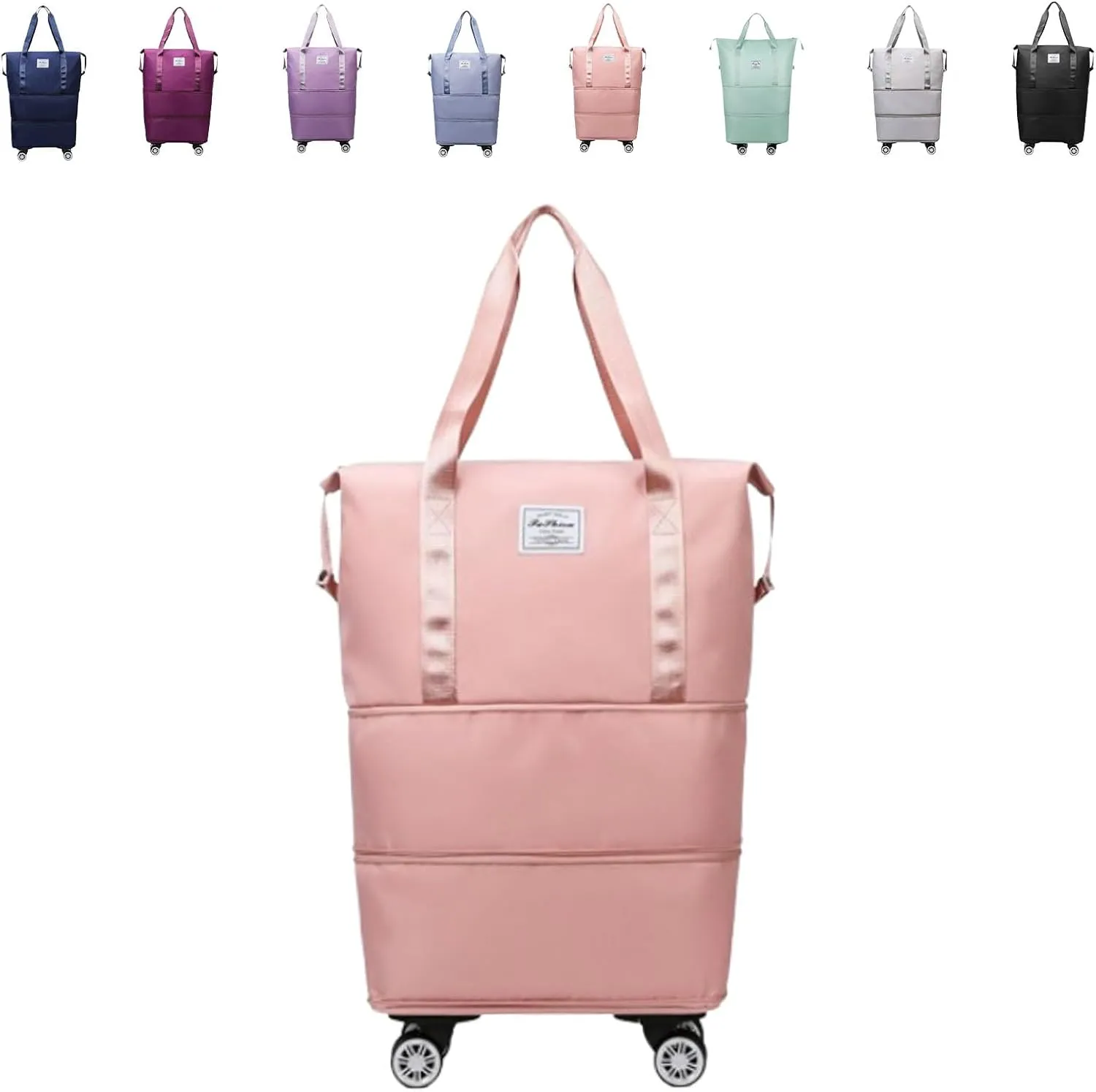 Travel Bag with Wheels – 2025 Expandable Foldable Duffle Bag, Large Capacity Suitcase for Travel & Business, Large Capacity Wide-Open Travel Cosmetic Bag, Removable Universal Wheels (Light pink)