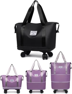 Travel Bag with Wheels, 2025 New Large Capacity Travels Bag with Wheel Removable for Women Men, Dry and Wet Separation Waterproof Foldable Travel Bag Expandable for Gym, Camping (Black)