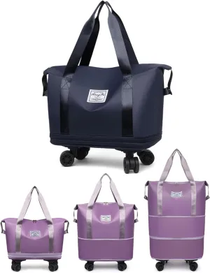 Travel Bag with Wheels, 2025 New Large Capacity Travels Bag with Wheel Removable for Women Men, Dry and Wet Separation Waterproof Foldable Travel Bag Expandable for Gym, Camping (Dark blue)
