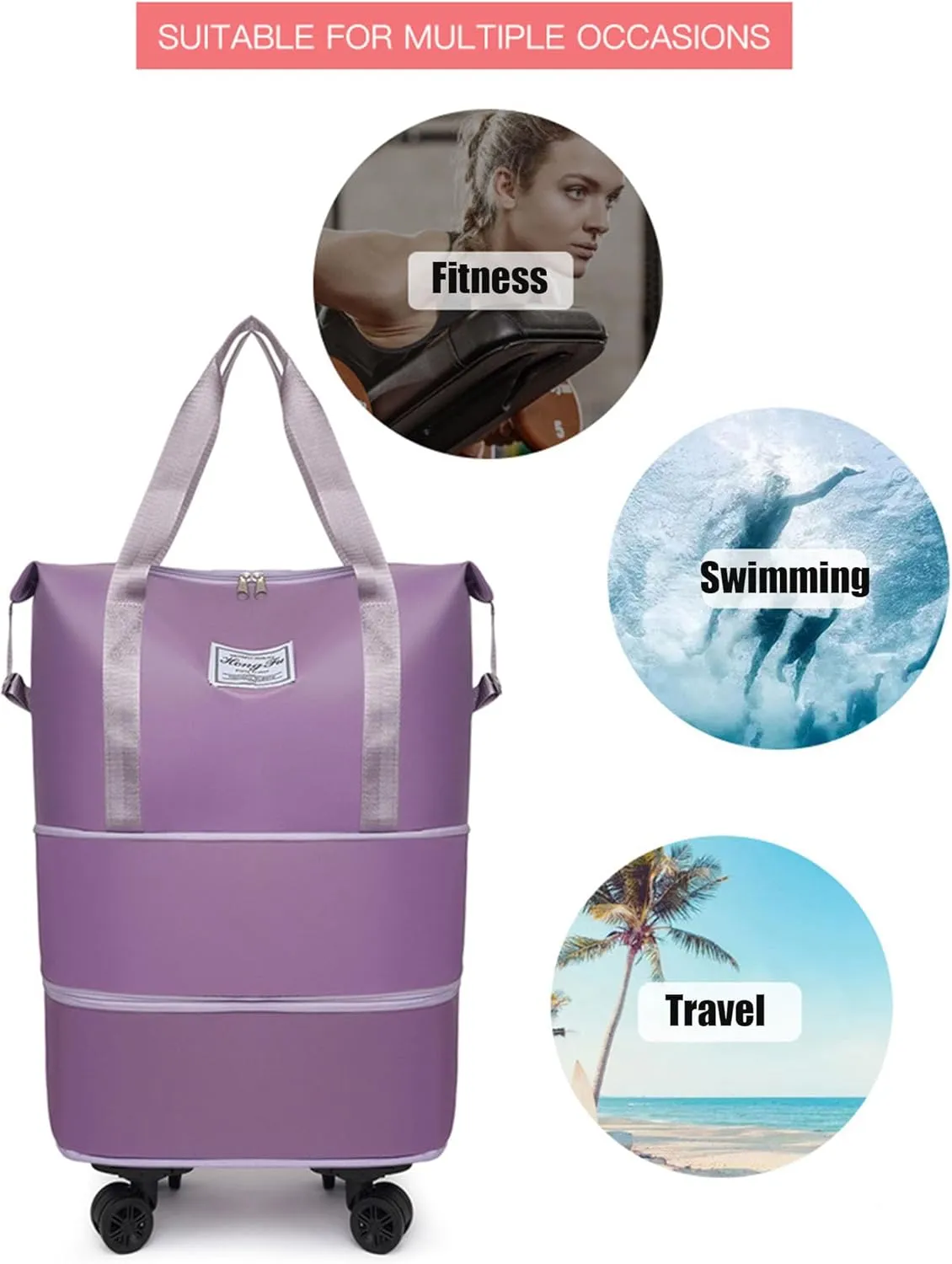 Travel Bag with Wheels, 2025 New Large Capacity Travels Bag with Wheel Removable for Women Men, Dry and Wet Separation Waterproof Foldable Travel Bag Expandable for Gym, Camping (Grey)