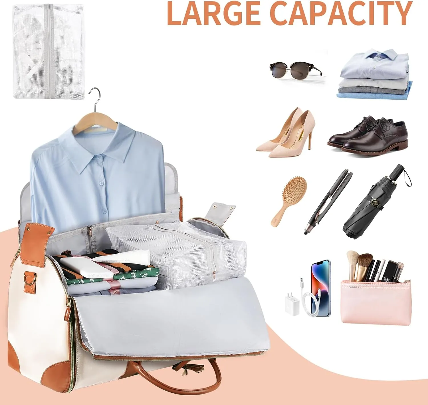 Travel Bags Premium PU Leather Wrinkle-Free Packing Design and 7 different storage compartments perfect for Men and Women Travel (Snow)