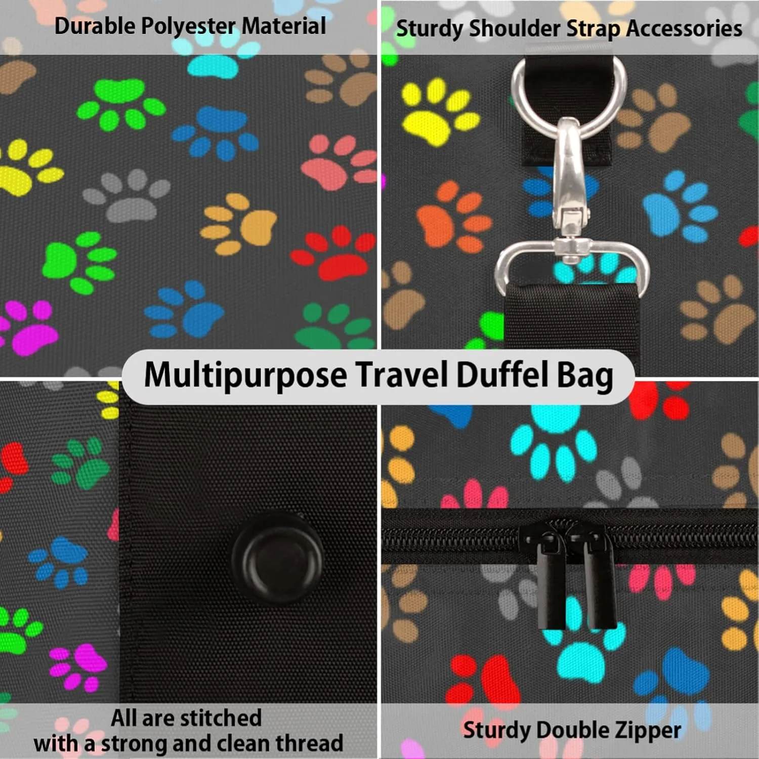 Travel Duffel Bag Cat Dog Paw Print Sport Tote Gym Bag Waterproof Foldable Carryon Weekend Overnight Training Handbag Sports Duffle Bags for Women Men Boys Girls