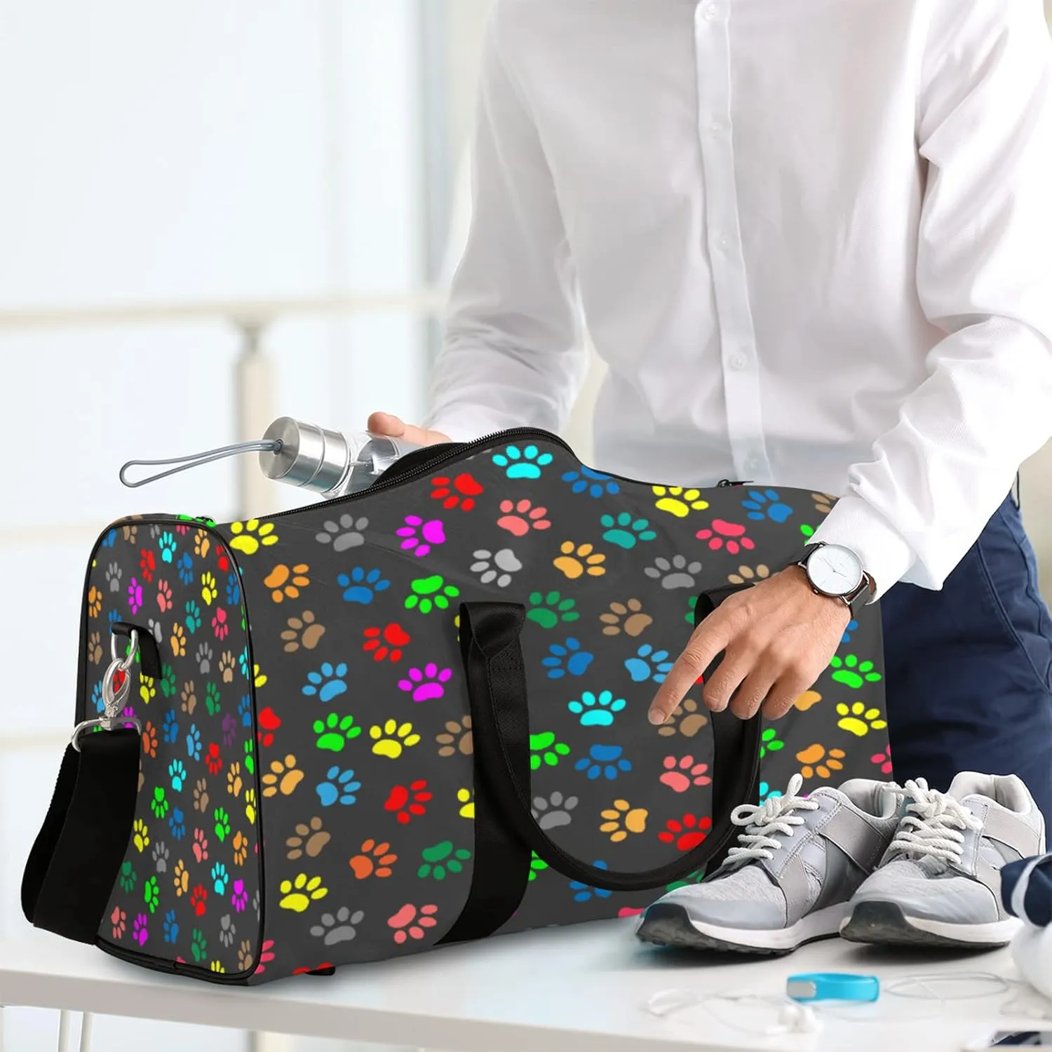 Travel Duffel Bag Cat Dog Paw Print Sport Tote Gym Bag Waterproof Foldable Carryon Weekend Overnight Training Handbag Sports Duffle Bags for Women Men Boys Girls