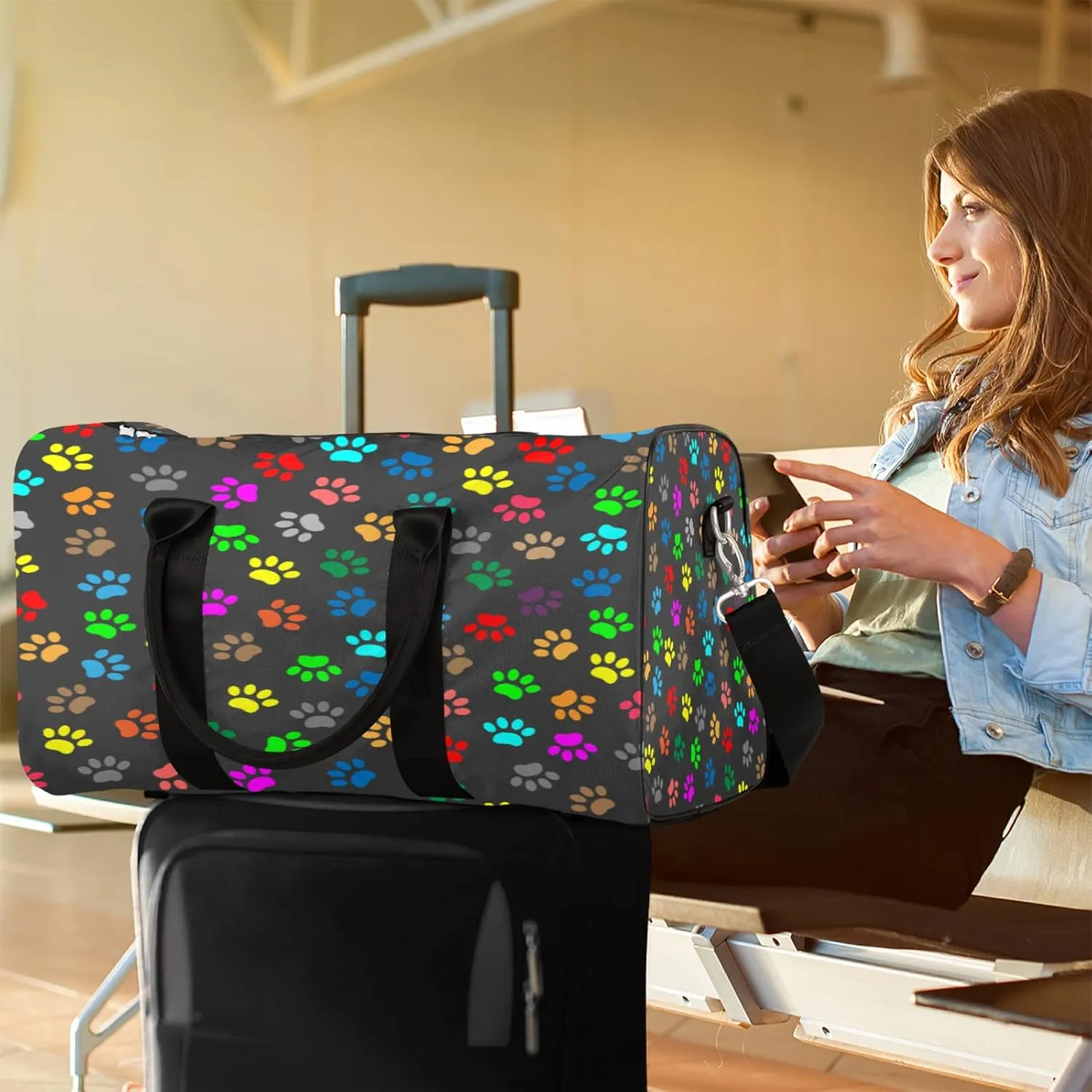 Travel Duffel Bag Cat Dog Paw Print Sport Tote Gym Bag Waterproof Foldable Carryon Weekend Overnight Training Handbag Sports Duffle Bags for Women Men Boys Girls