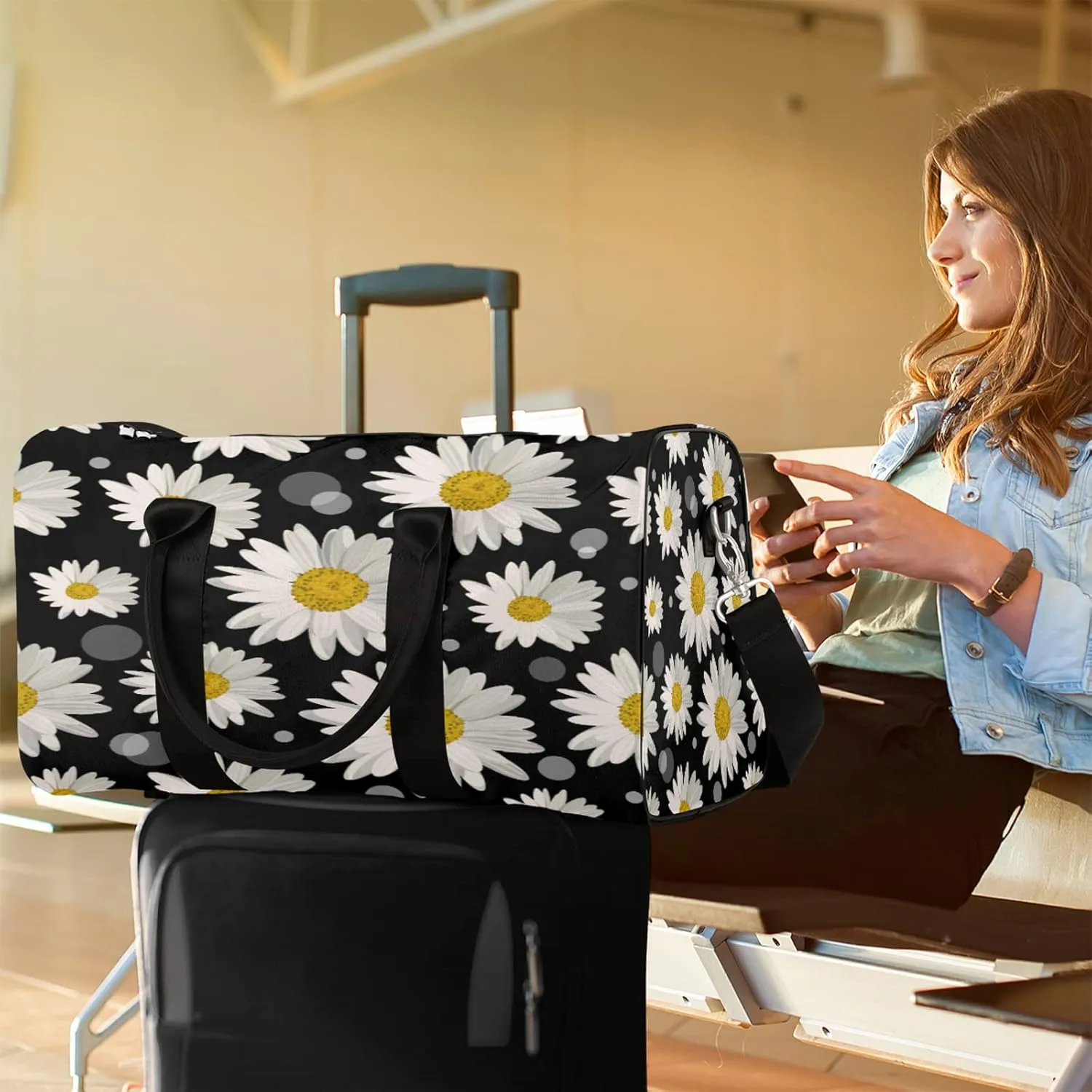 Travel Duffel Bag Flower Daisy Sport Gym Bag Weekender Overnight Bag carry on bag Training Shoulder for Women Men Boys Girls