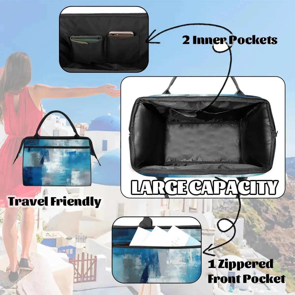 Travel Duffel Bag for Women, Abstract Blue Grey Weekender Overnight Bag Carry on Beach Swim Bags Dance Bag Airlines Approved Personal Item Travel Bag for Yoga, Sports, Hospital
