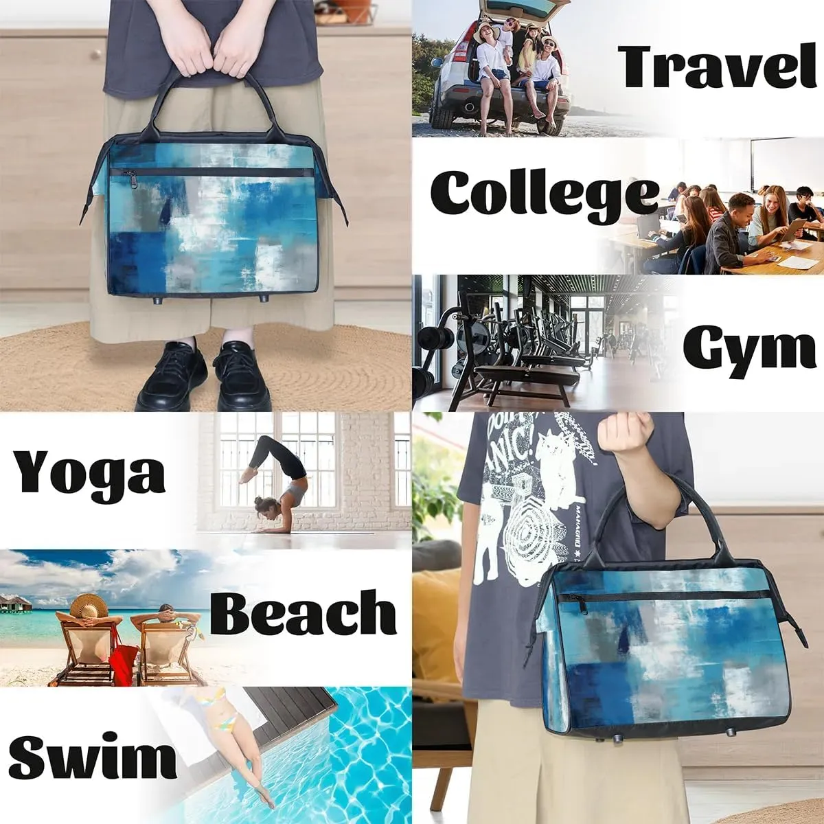 Travel Duffel Bag for Women, Abstract Blue Grey Weekender Overnight Bag Carry on Beach Swim Bags Dance Bag Airlines Approved Personal Item Travel Bag for Yoga, Sports, Hospital