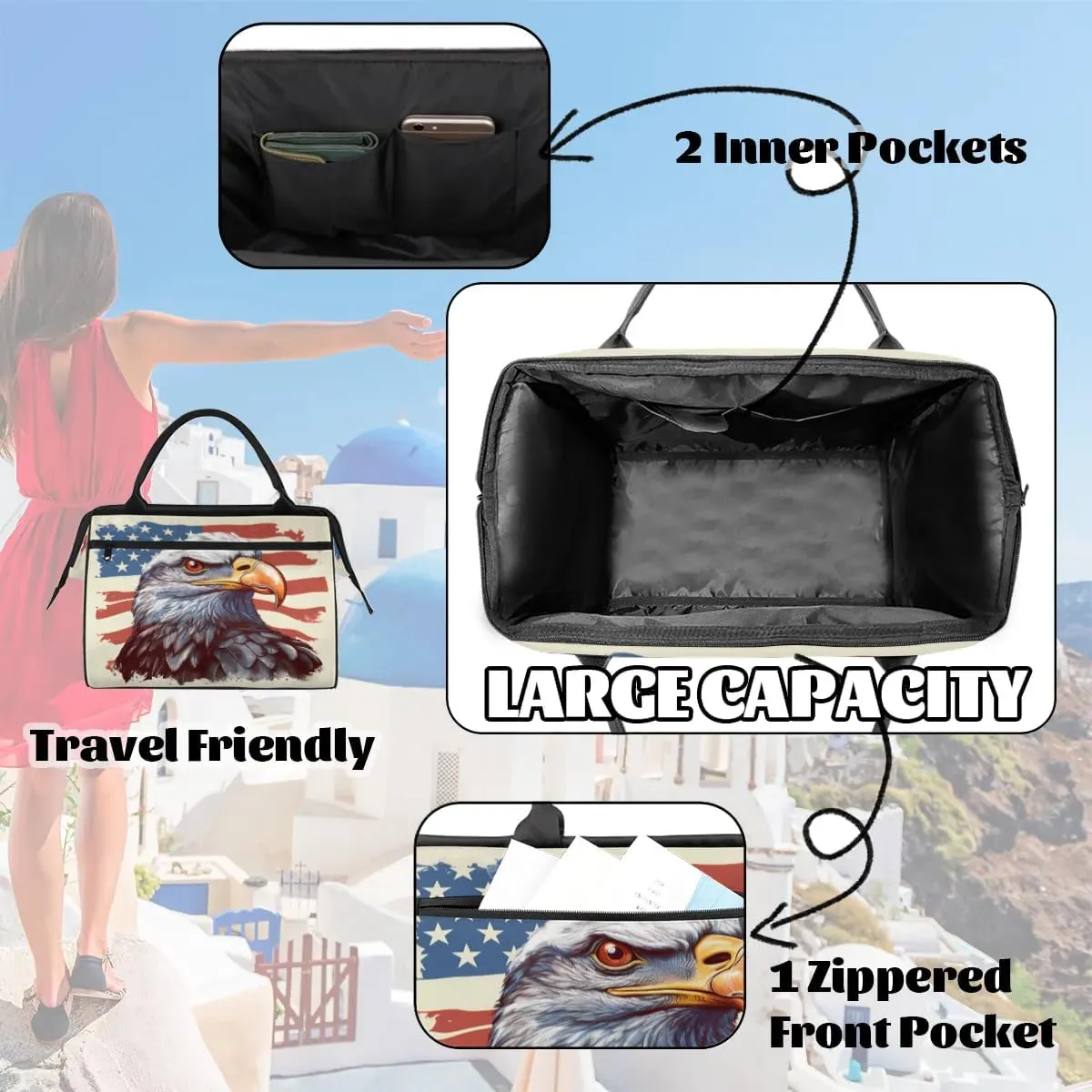 Travel Duffel Bag for Women, American Flag Eagle Weekender Overnight Bag Carry on Beach Swim Bags Dance Bag Airlines Approved Personal Item Travel Bag for Yoga, Sports, Hospital