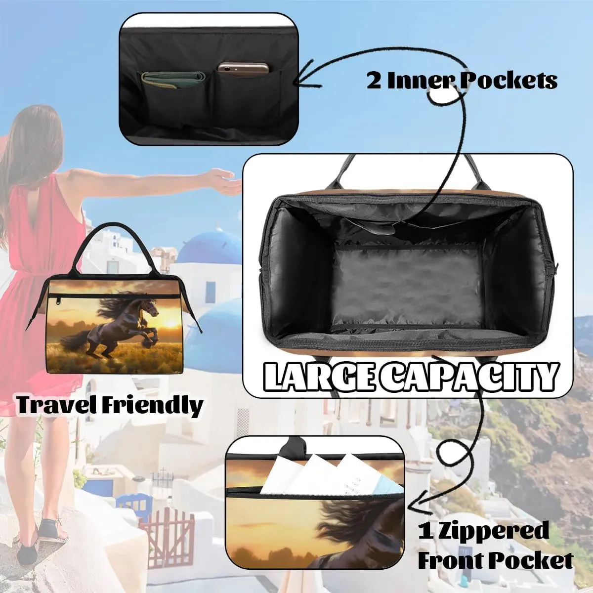Travel Duffel Bag for Women, Animal Horse Weekender Overnight Bag Carry on Beach Swim Bags Dance Bag Airlines Approved Personal Item Travel Bag for Yoga, Sports, Hospital
