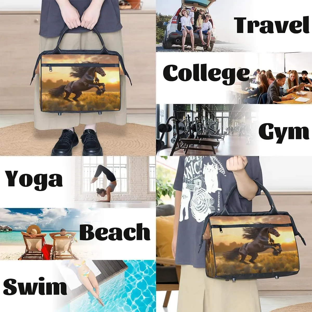 Travel Duffel Bag for Women, Animal Horse Weekender Overnight Bag Carry on Beach Swim Bags Dance Bag Airlines Approved Personal Item Travel Bag for Yoga, Sports, Hospital