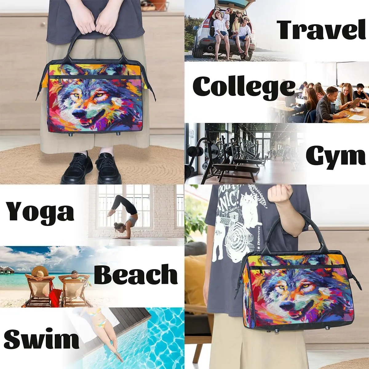 Travel Duffel Bag for Women, Animals Wolf Weekender Overnight Bag Carry on Beach Swim Bags Dance Bag Airlines Approved Personal Item Travel Bag for Yoga, Sports, Hospital