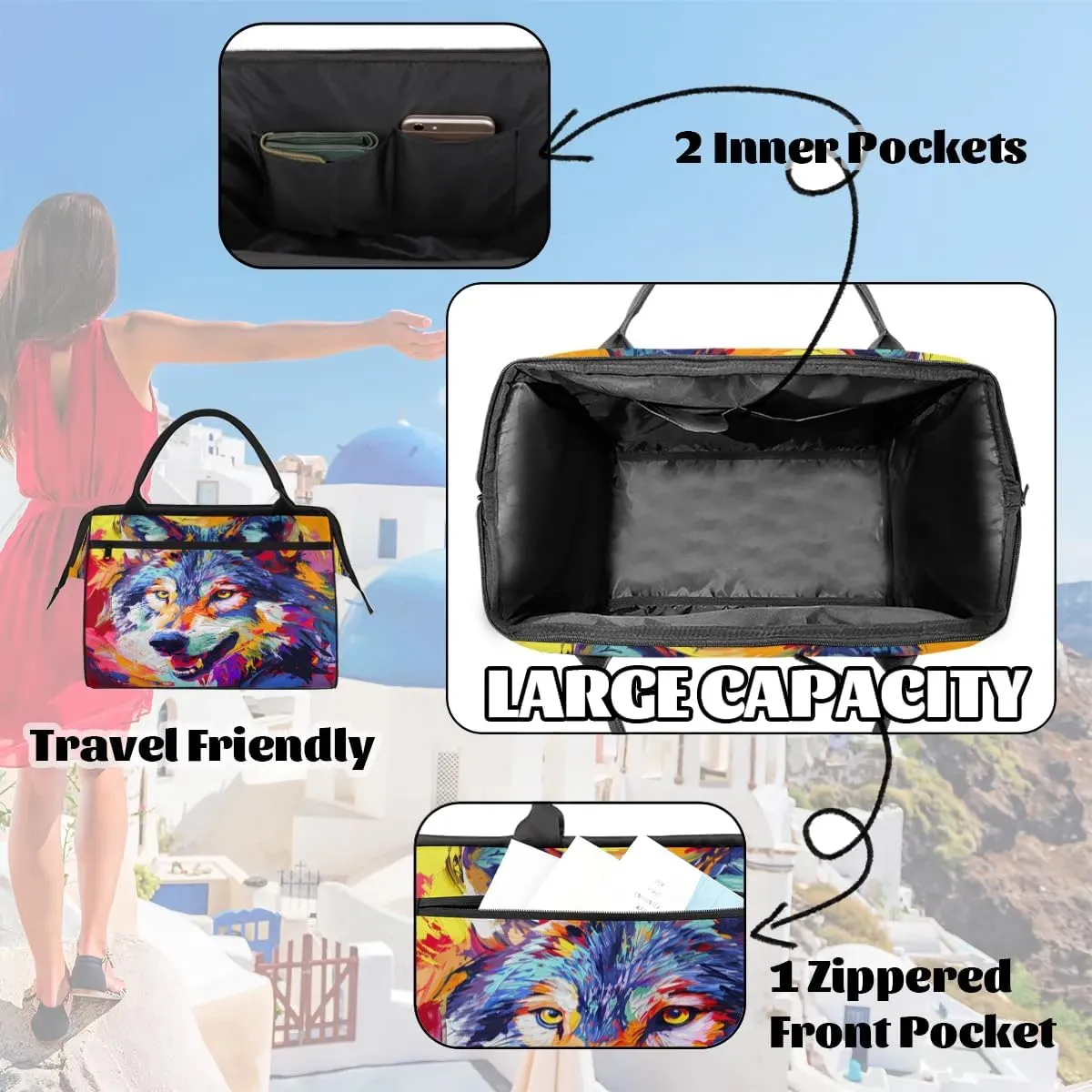 Travel Duffel Bag for Women, Animals Wolf Weekender Overnight Bag Carry on Beach Swim Bags Dance Bag Airlines Approved Personal Item Travel Bag for Yoga, Sports, Hospital