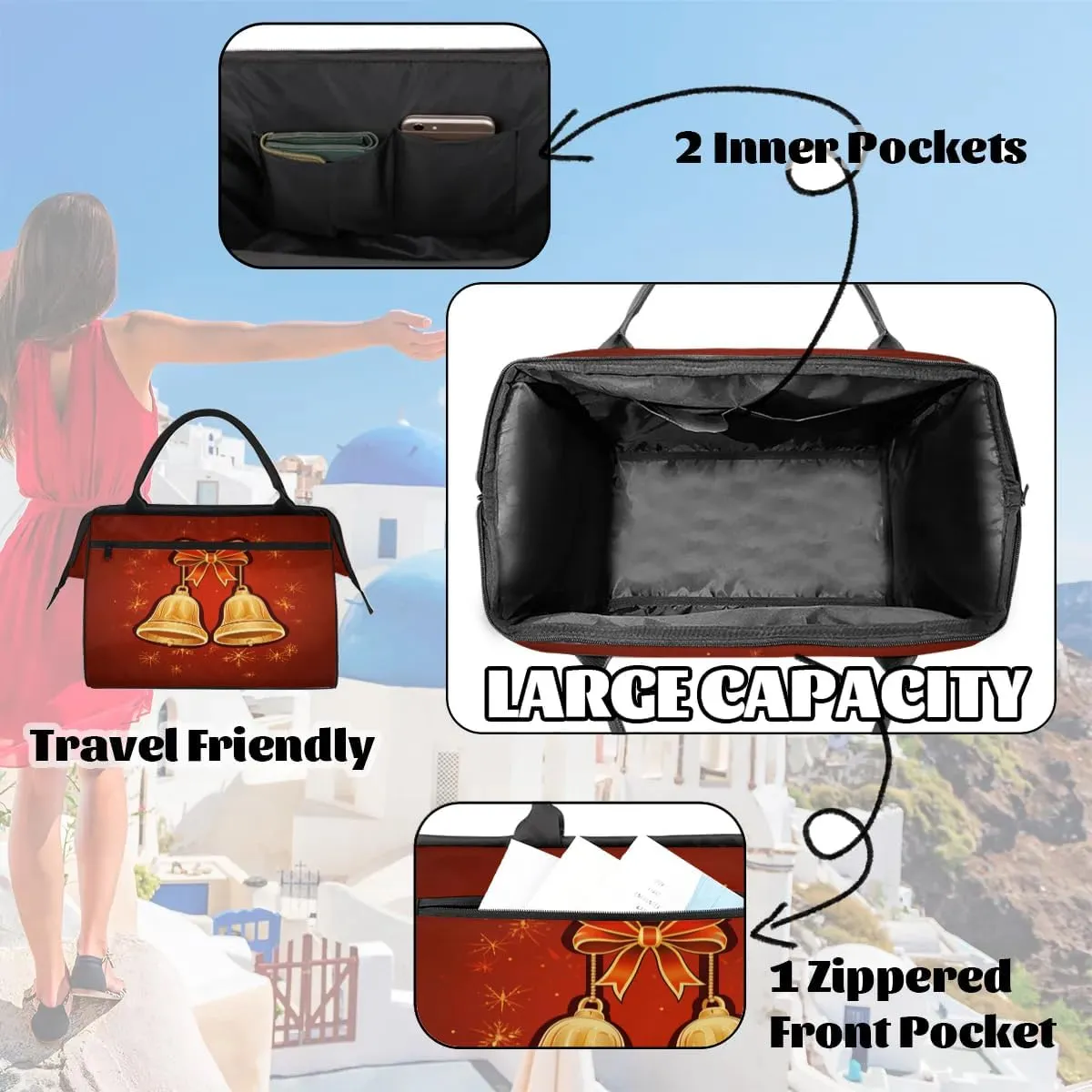 Travel Duffel Bag for Women, Bell Christmas Weekender Overnight Bag Carry on Beach Swim Bags Dance Bag Airlines Approved Personal Item Travel Bag for Yoga, Sports, Hospital