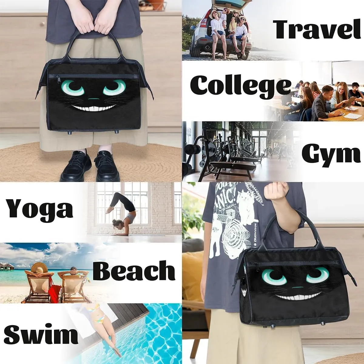 Travel Duffel Bag for Women, Cat Face Weekender Overnight Bag Carry on Beach Swim Bags Dance Bag Airlines Approved Personal Item Travel Bag for Yoga, Sports, Hospital