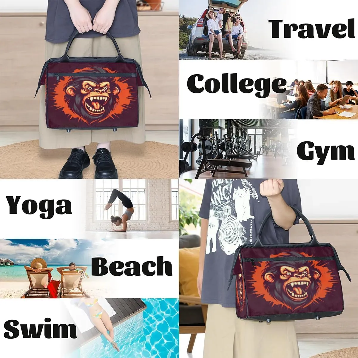 Travel Duffel Bag for Women, Chimpanzees Portrait Pattern Weekender Overnight Bag Carry on Beach Swim Bags Dance Bag Airlines Approved Personal Item Travel Bag for Yoga, Sports, Hospital