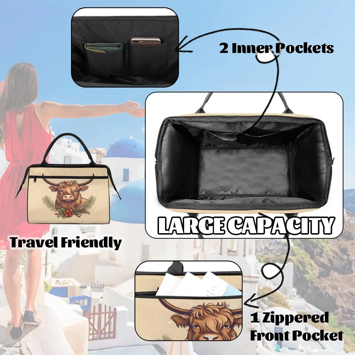 Travel Duffel Bag for Women, Christmas Highland Cow Weekender Overnight Bag Carry on Beach Swim Bags Dance Bag Airlines Approved Personal Item Travel Bag for Yoga, Sports, Hospital
