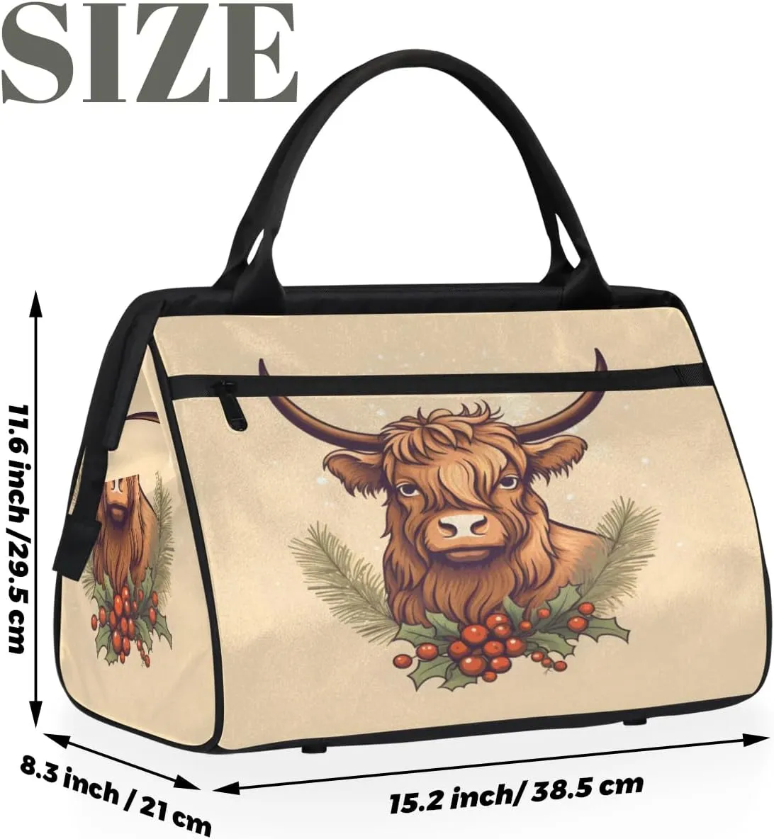 Travel Duffel Bag for Women, Christmas Highland Cow Weekender Overnight Bag Carry on Beach Swim Bags Dance Bag Airlines Approved Personal Item Travel Bag for Yoga, Sports, Hospital