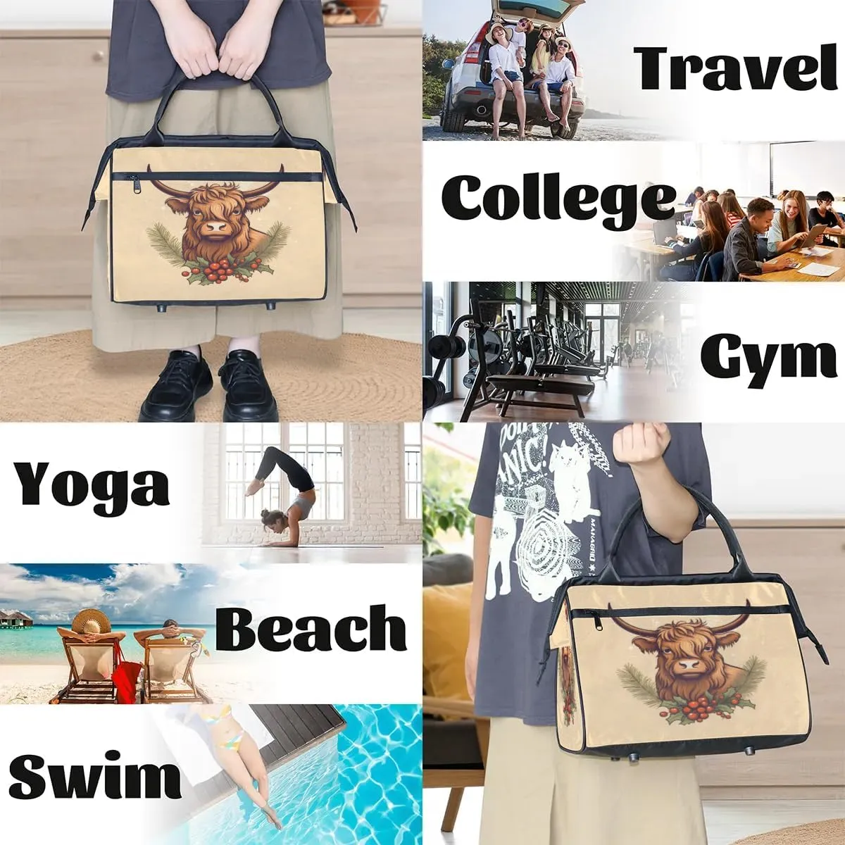 Travel Duffel Bag for Women, Christmas Highland Cow Weekender Overnight Bag Carry on Beach Swim Bags Dance Bag Airlines Approved Personal Item Travel Bag for Yoga, Sports, Hospital