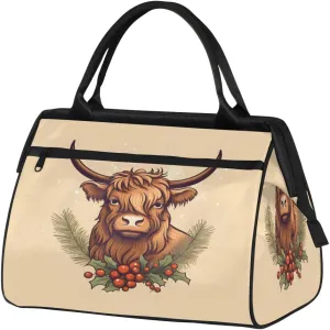 Travel Duffel Bag for Women, Christmas Highland Cow Weekender Overnight Bag Carry on Beach Swim Bags Dance Bag Airlines Approved Personal Item Travel Bag for Yoga, Sports, Hospital