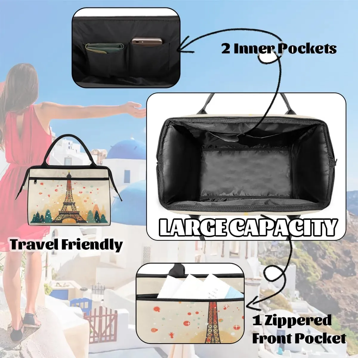 Travel Duffel Bag for Women, Eiffel Tower Pattern Weekender Overnight Bag Carry on Beach Swim Bags Dance Bag Airlines Approved Personal Item Travel Bag for Yoga, Sports, Hospital