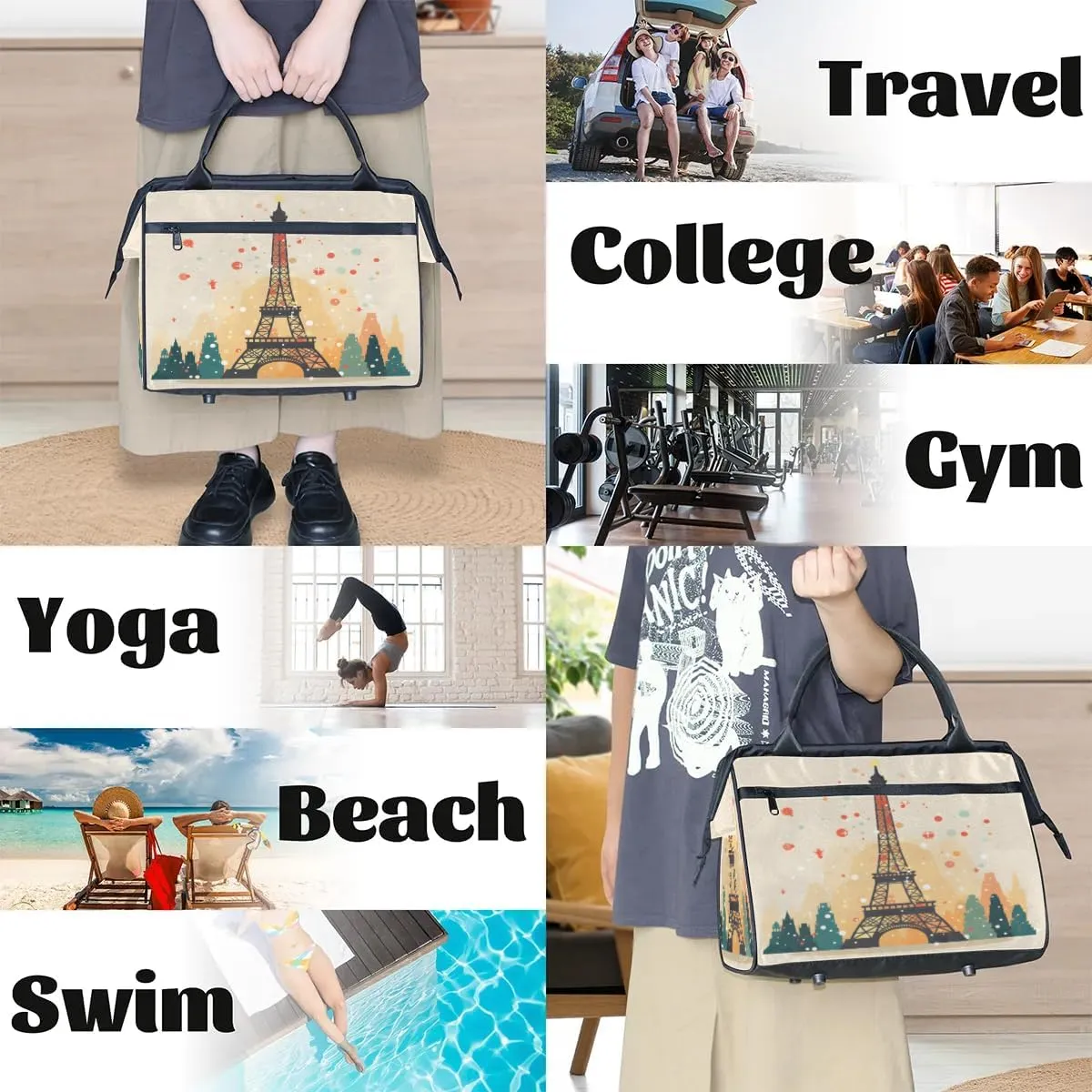 Travel Duffel Bag for Women, Eiffel Tower Pattern Weekender Overnight Bag Carry on Beach Swim Bags Dance Bag Airlines Approved Personal Item Travel Bag for Yoga, Sports, Hospital