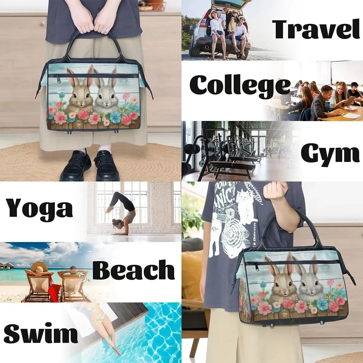 Travel Duffel Bag for Women, Flower Bunny Weekender Overnight Bag Carry on Beach Swim Bags Dance Bag Airlines Approved Personal Item Travel Bag for Yoga, Sports, Hospital