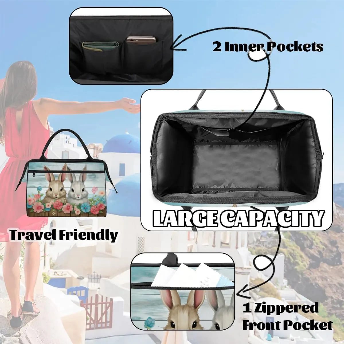 Travel Duffel Bag for Women, Flower Bunny Weekender Overnight Bag Carry on Beach Swim Bags Dance Bag Airlines Approved Personal Item Travel Bag for Yoga, Sports, Hospital
