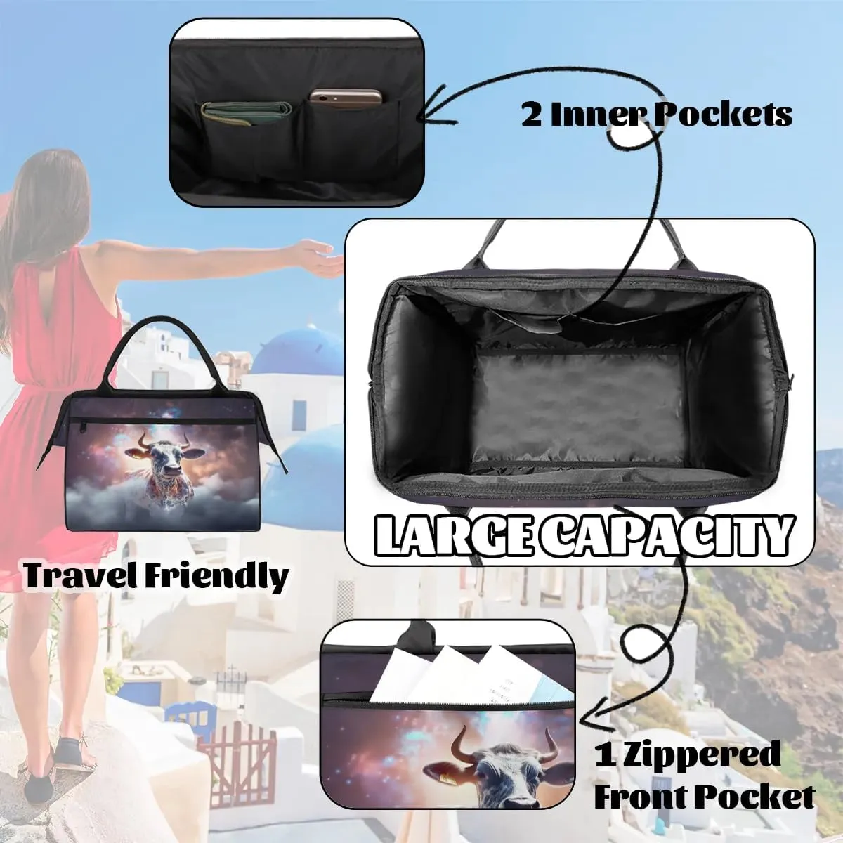Travel Duffel Bag for Women, Galaxy Universe Dairy Cow Weekender Overnight Bag Carry on Beach Swim Bags Dance Bag Airlines Approved Personal Item Travel Bag for Yoga, Sports, Hospital