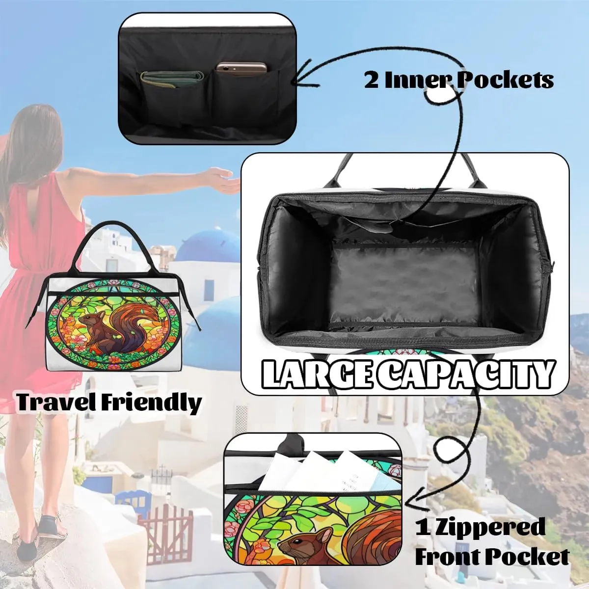Travel Duffel Bag for Women, Glass Squirrel Weekender Overnight Bag Carry on Beach Swim Bags Dance Bag Airlines Approved Personal Item Travel Bag for Yoga, Sports, Hospital