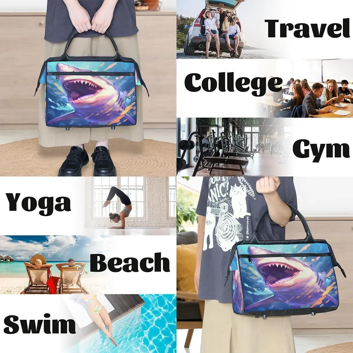 Travel Duffel Bag for Women, Panda Shark Weekender Overnight Bag Carry on Beach Swim Bags Dance Bag Airlines Approved Personal Item Travel Bag for Yoga, Sports, Hospital