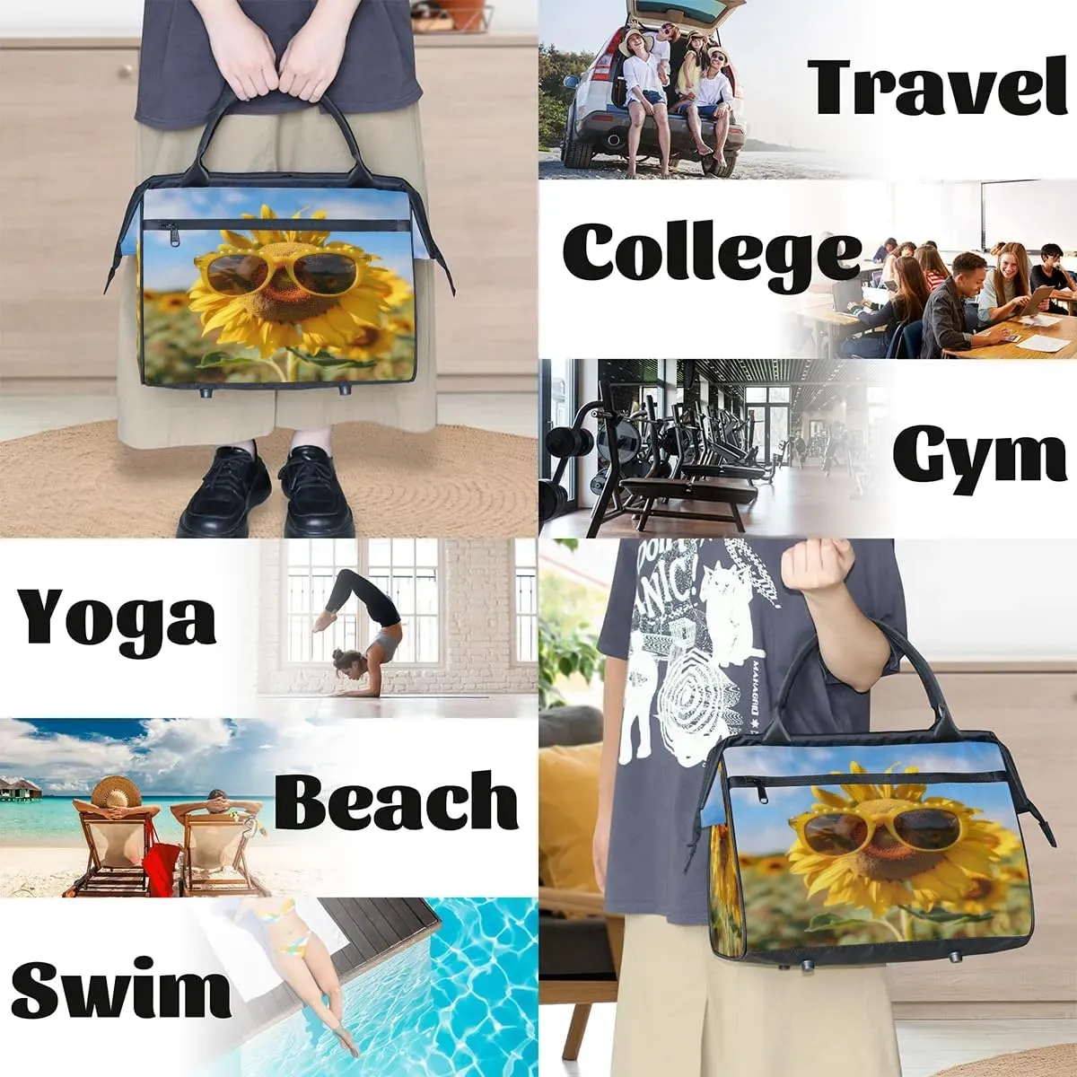 Travel Duffel Bag for Women, Sunglasses Sunflower Weekender Overnight Bag Carry on Beach Swim Bags Dance Bag Airlines Approved Personal Item Travel Bag for Yoga, Sports, Hospital
