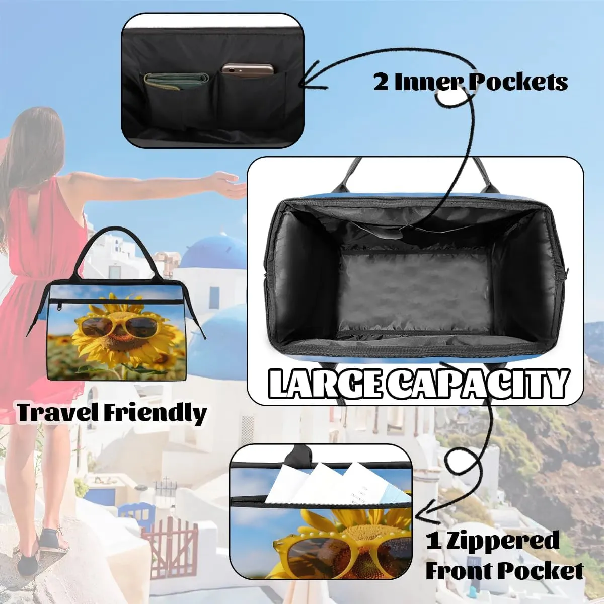 Travel Duffel Bag for Women, Sunglasses Sunflower Weekender Overnight Bag Carry on Beach Swim Bags Dance Bag Airlines Approved Personal Item Travel Bag for Yoga, Sports, Hospital