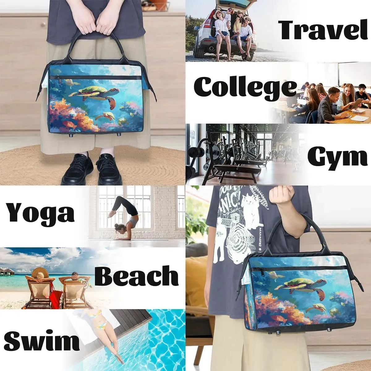 Travel Duffel Bag for Women, Watercolor Ocean Turtles Weekender Overnight Bag Carry on Beach Swim Bags Dance Bag Airlines Approved Personal Item Travel Bag for Yoga, Sports, Hospital