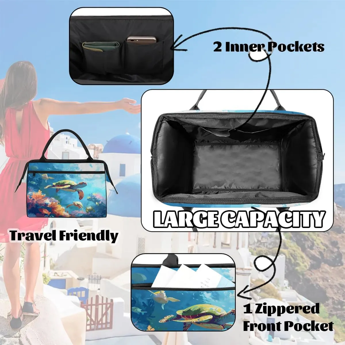 Travel Duffel Bag for Women, Watercolor Ocean Turtles Weekender Overnight Bag Carry on Beach Swim Bags Dance Bag Airlines Approved Personal Item Travel Bag for Yoga, Sports, Hospital