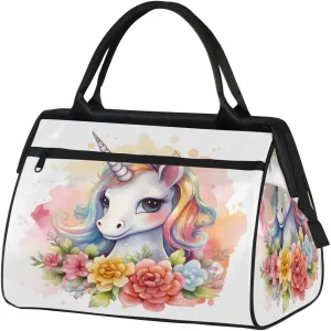 Travel Duffel Bag for Women, Watercolor Unicorn Flower Weekender Overnight Bag Carry on Beach Swim Bags Dance Bag Airlines Approved Personal Item Travel Bag for Yoga, Sports, Hospital