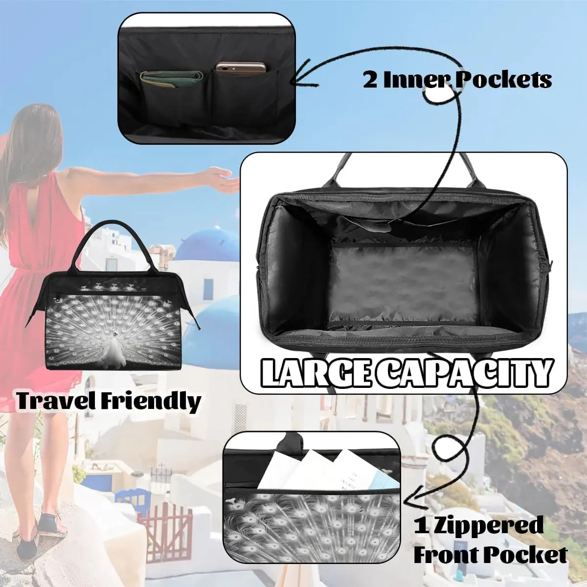 Travel Duffel Bag for Women, White Peacock Weekender Overnight Bag Carry on Beach Swim Bags Dance Bag Airlines Approved Personal Item Travel Bag for Yoga, Sports, Hospital
