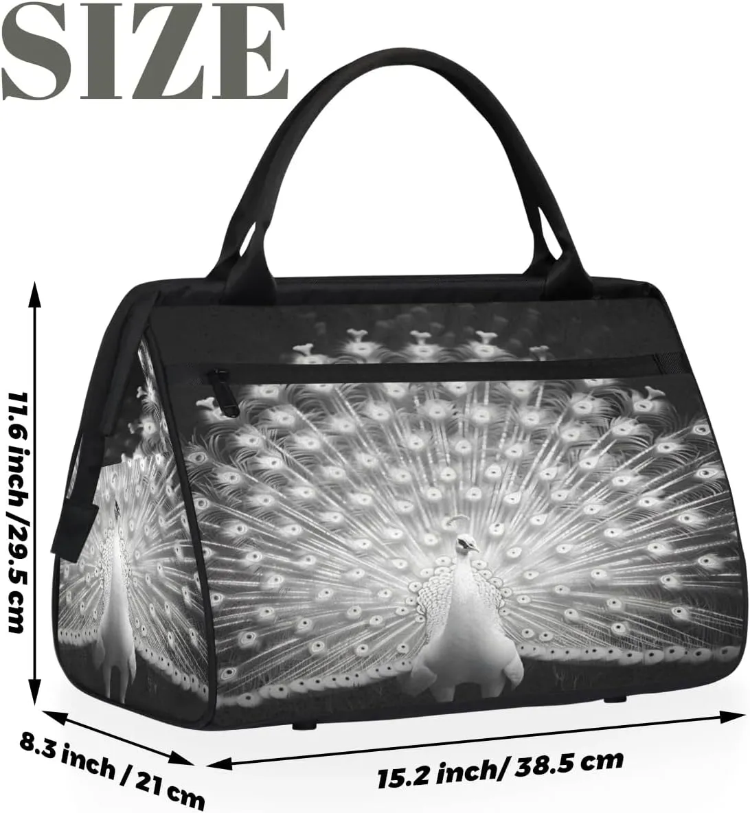 Travel Duffel Bag for Women, White Peacock Weekender Overnight Bag Carry on Beach Swim Bags Dance Bag Airlines Approved Personal Item Travel Bag for Yoga, Sports, Hospital