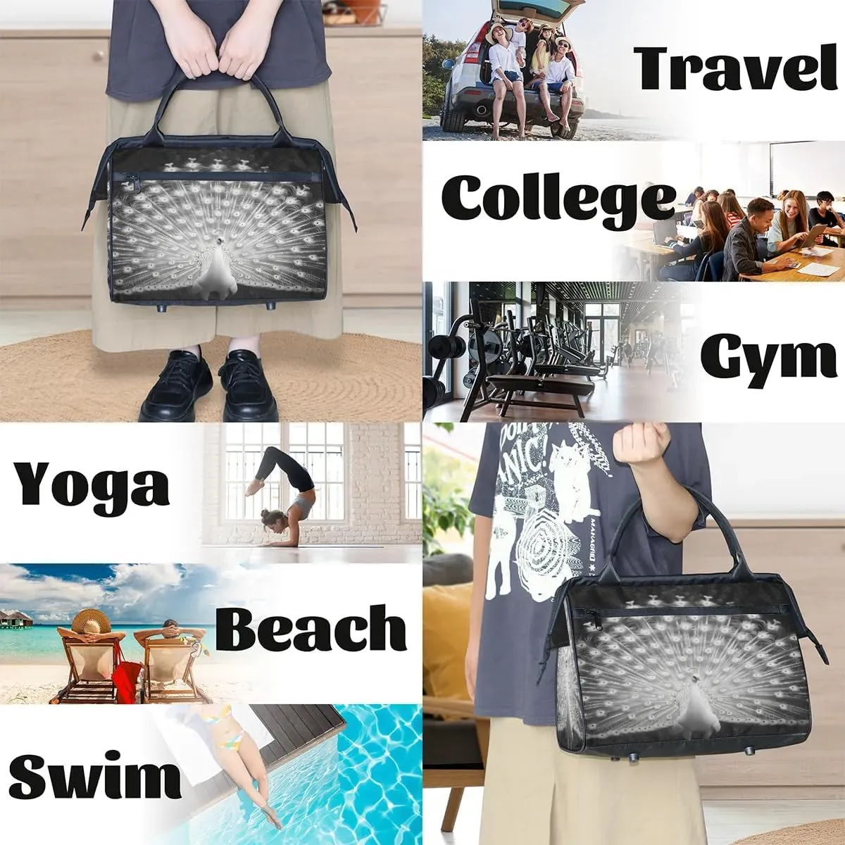 Travel Duffel Bag for Women, White Peacock Weekender Overnight Bag Carry on Beach Swim Bags Dance Bag Airlines Approved Personal Item Travel Bag for Yoga, Sports, Hospital