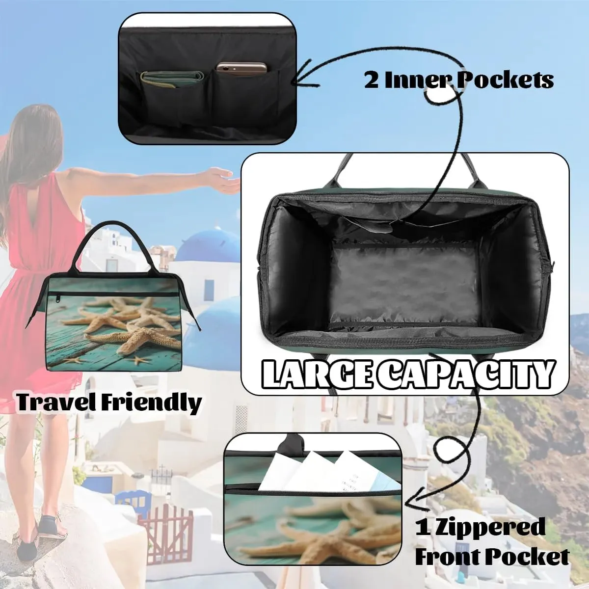 Travel Duffel Bag for Women, Wood Starfish Weekender Overnight Bag Carry on Beach Swim Bags Dance Bag Airlines Approved Personal Item Travel Bag for Yoga, Sports, Hospital