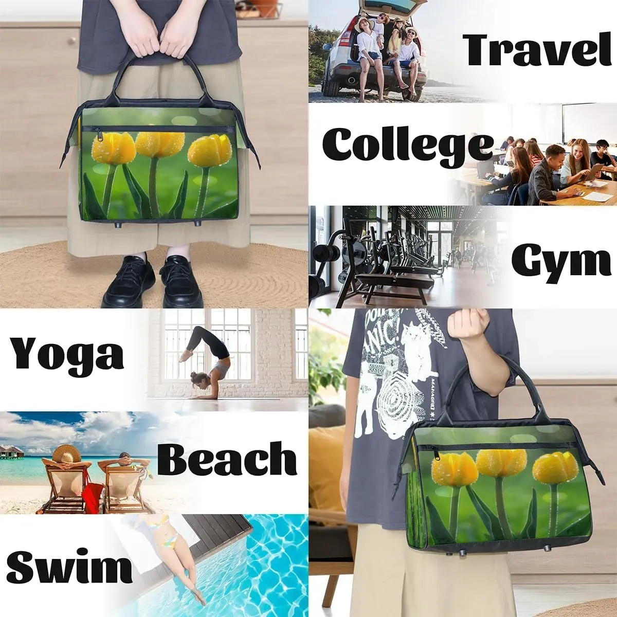 Travel Duffel Bag for Women, Yellow Tulip Weekender Overnight Bag Carry on Beach Swim Bags Dance Bag Airlines Approved Personal Item Travel Bag for Yoga, Sports, Hospital