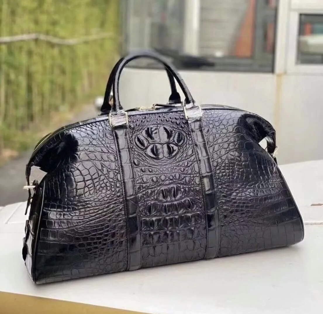 Travel Duffels bag, luggage travel gear, duffle bag, sport bag, gym bag, overnight bag, genuine crocodile alligator leather skin (Black)