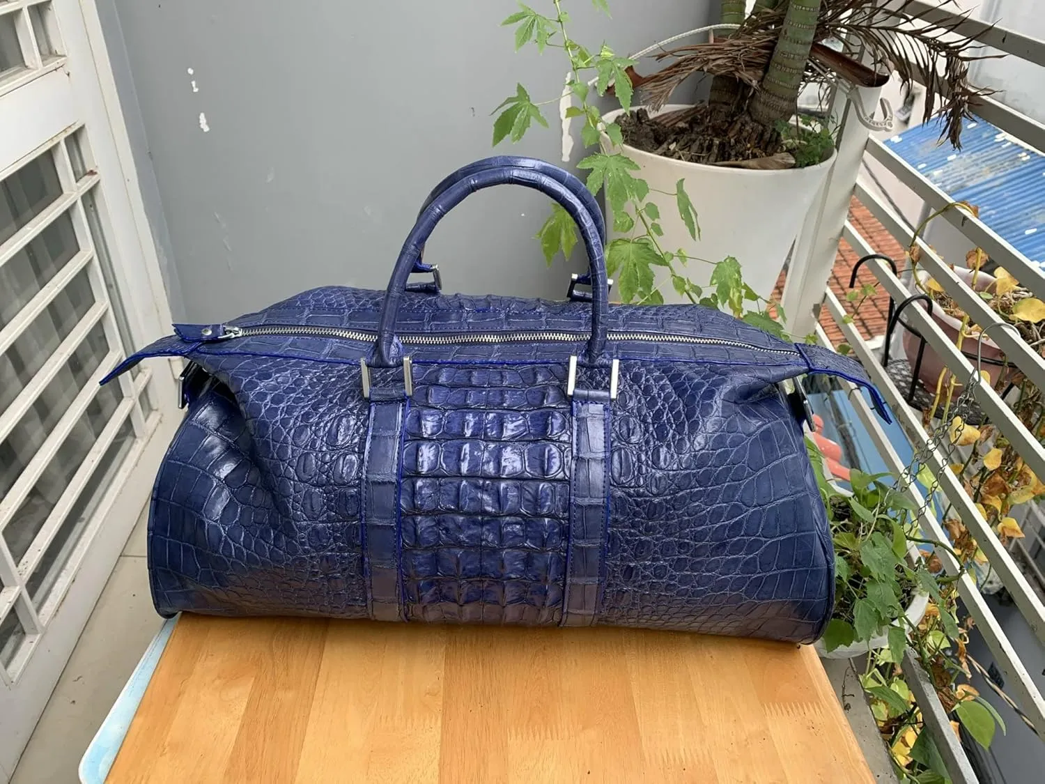 Travel Duffels bag, luggage travel gear, duffle bag, sport bag, gym bag, overnight bag, genuine crocodile alligator leather skin (Navy Blue) (DF1132)